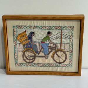 Vintage Aarong Bangladesh Kantha Embroidery Rickshaw Textile Art Framed Folk Art